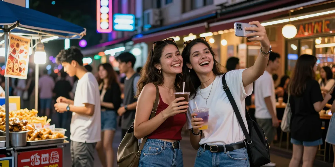 Hai bạn trẻ vui vẻ trong không khí sôi động của phố đêm, thể hiện phong cách thời trang và sự tự do, gái gọi.
