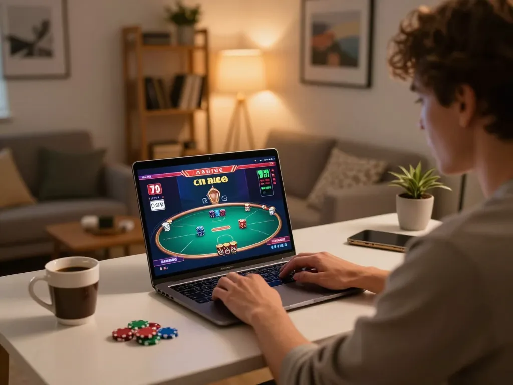 Kuwin players engaging in strategic online poker at home with warm ambiance and focused atmosphere.