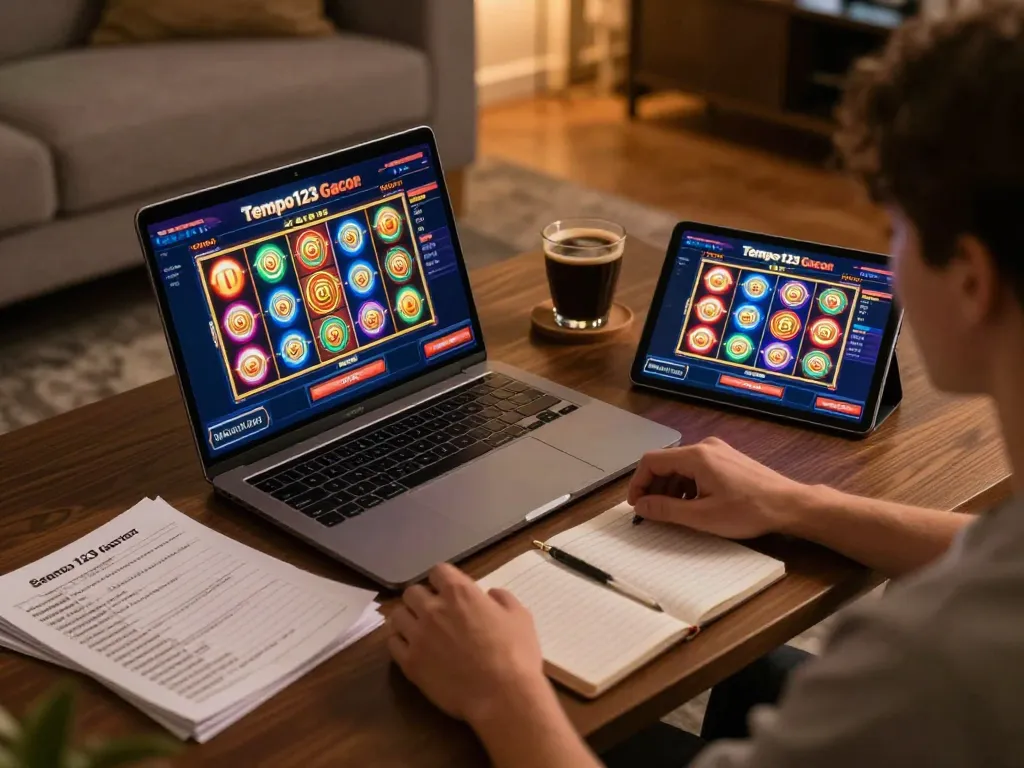 Engaging gameplay on Tempo123 Gacor slots interface shows excitement in a modern gaming setup.