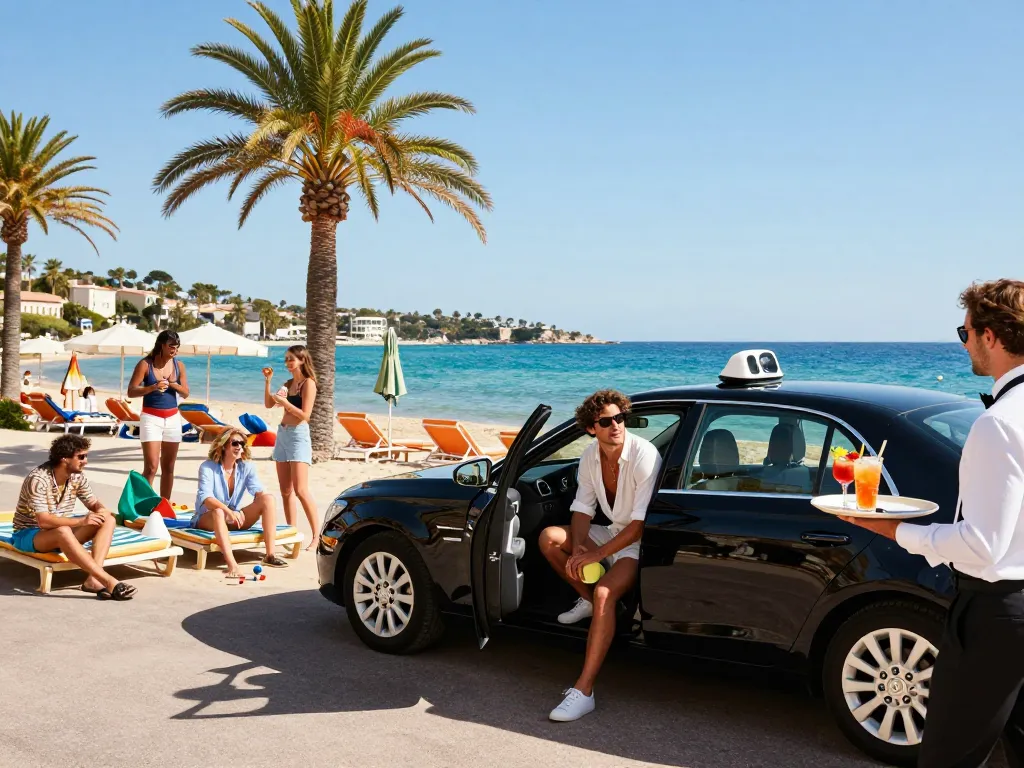 Taxi Saint-Tropez déposant un voyageur élégant à la plage, capturant le luxe et le plaisir des vacances d'été.