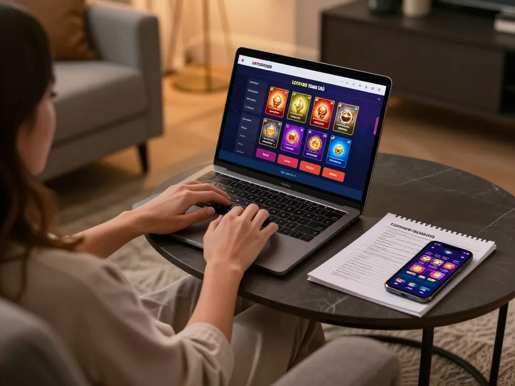 Engaging scene of home gaming with LOTO188 TRANG CHỦ on laptop and tablet, illustrating strategic online gambling