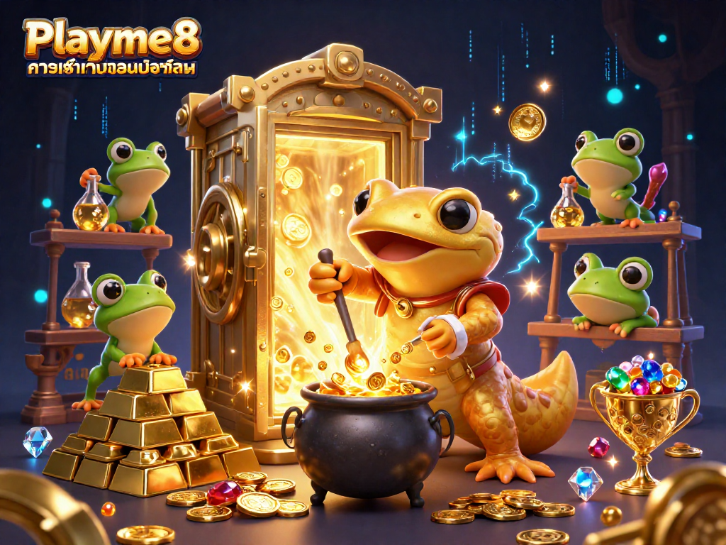 ภาพการ์ตูน 3D ของ Playme8 ทางเข้าเว็บตรงมือถือ โดยมีตัวละครต่าง ๆ ท่ามกลางขุมทรัพย์และแสงสว่างเต็มไปหมด