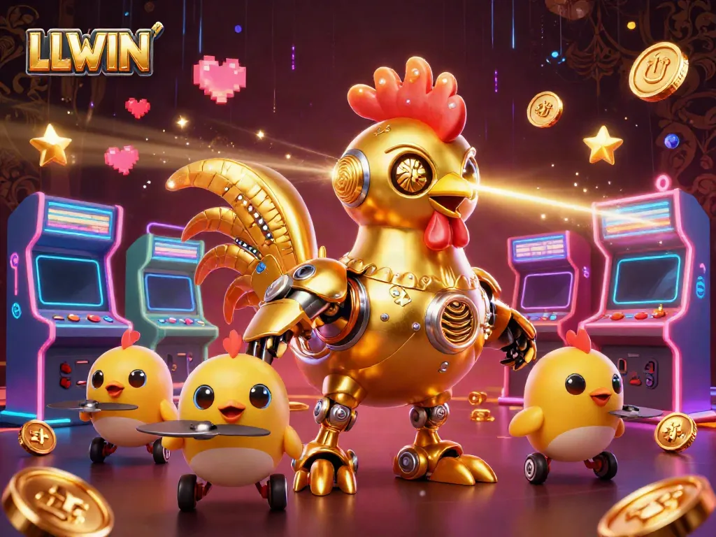 Experience LLWIN through a vibrant 3D casino scene featuring a golden rooster robot and baby chick drones.