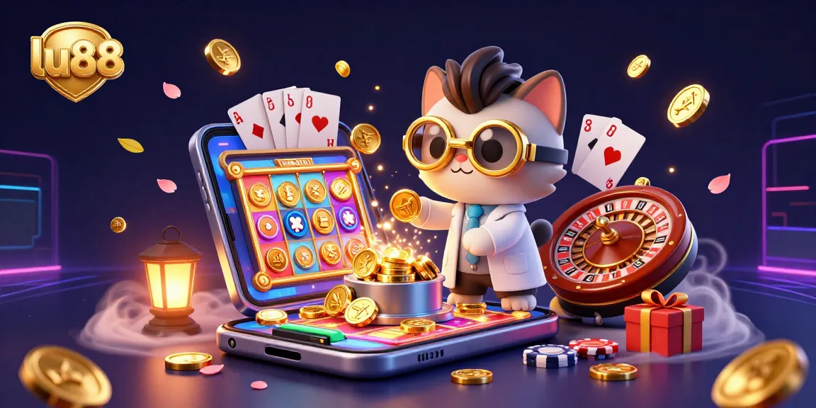 Engage with the vibrant gaming world of lu88, featuring a mad scientist cat and dog in a dynamic casino scene.