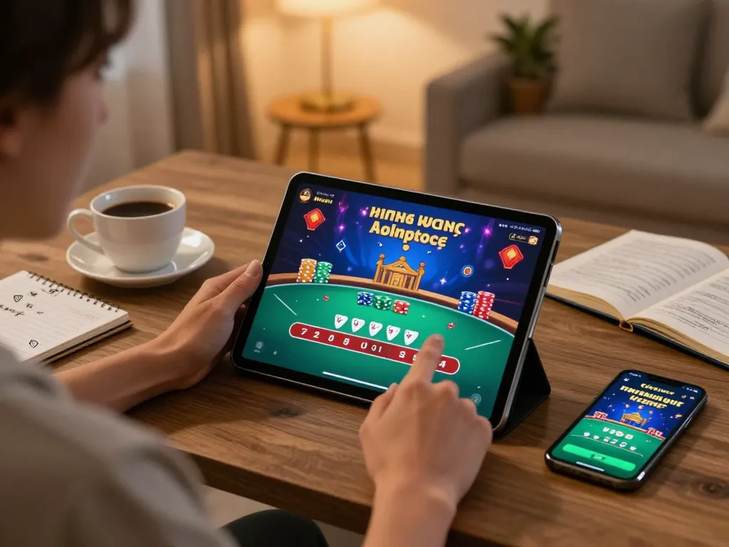 Engaging in online casino play with f8betlv on a tablet, showcasing vibrant poker graphics.