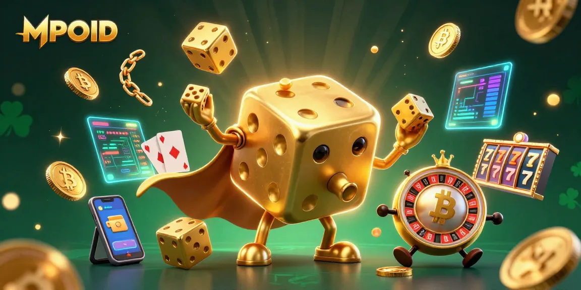 Engage with the MPOID casino scene where a golden dice golem juggles wins and crypto coins thrive.