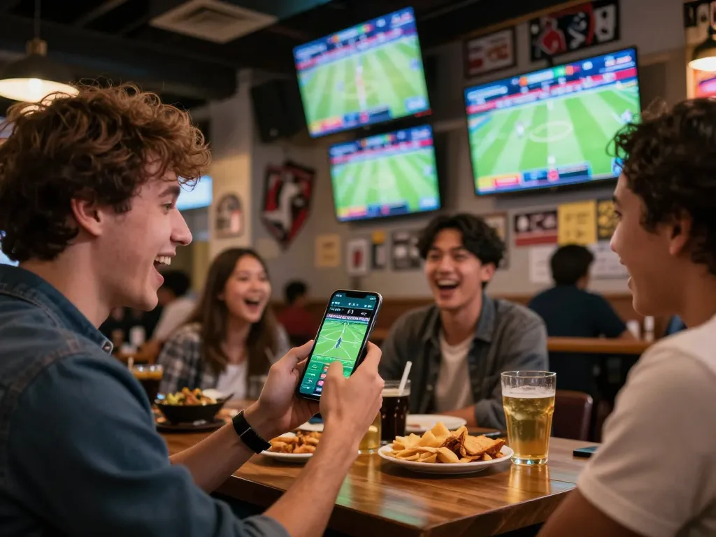 Person placing bets on kèo nhà cái hôm nay using a smartphone in a lively sports bar setting