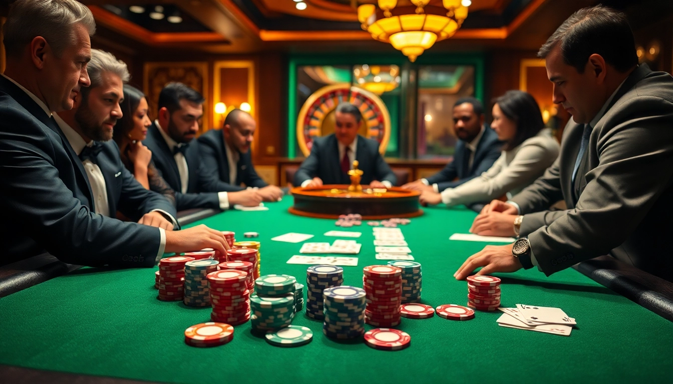 Players engage in a thrilling poker game at mmmoo casino, surrounded by colorful chips and cards.