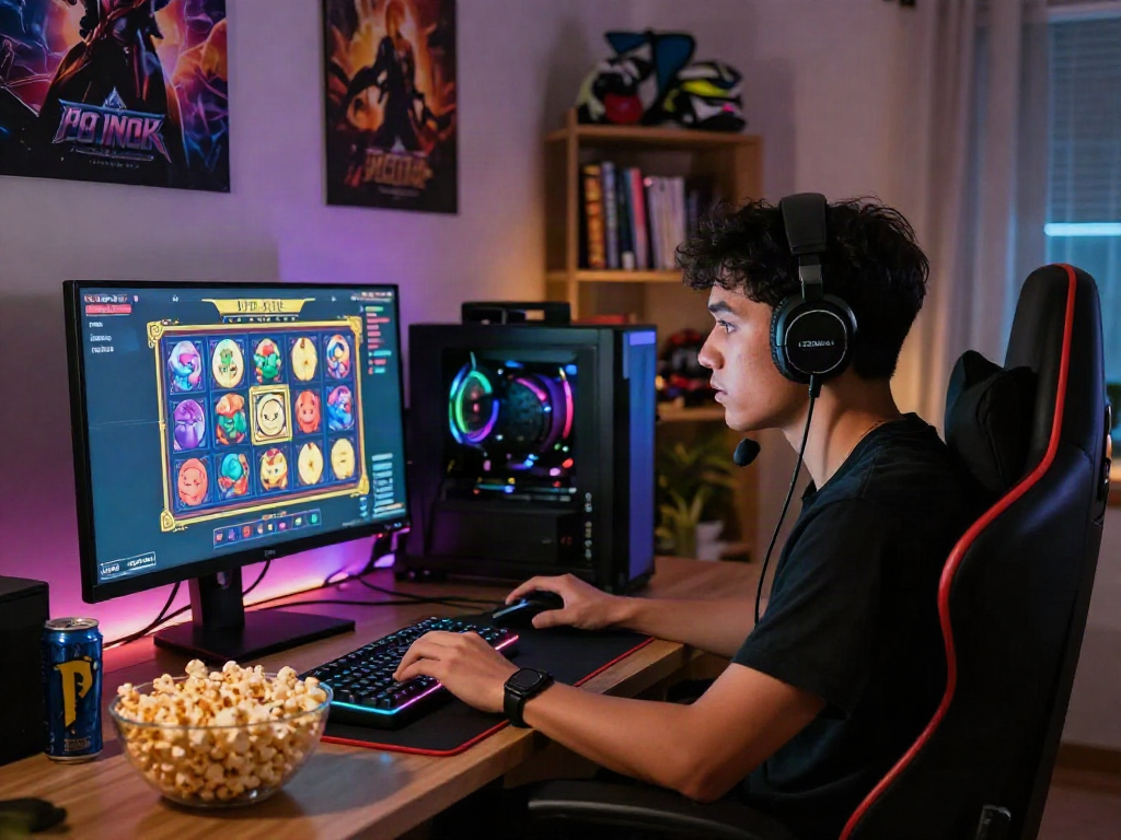 Slot gaming setup with colorful graphics and snacks in cozy home environment.