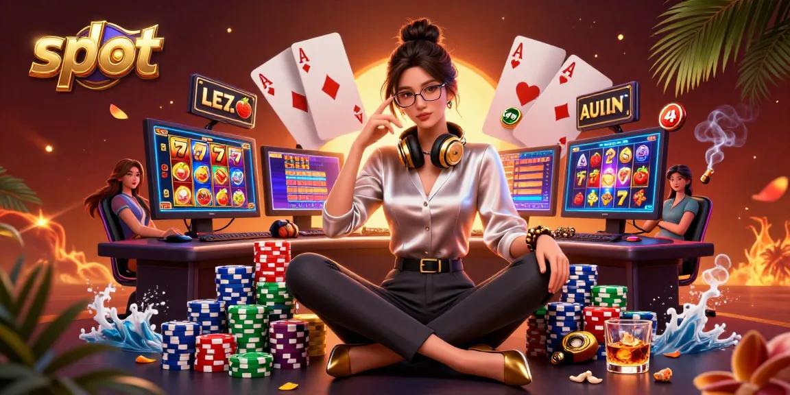 Spin slot reels and vibrant jackpot counters surround an elegant Asian gamer in a high-tech setup.