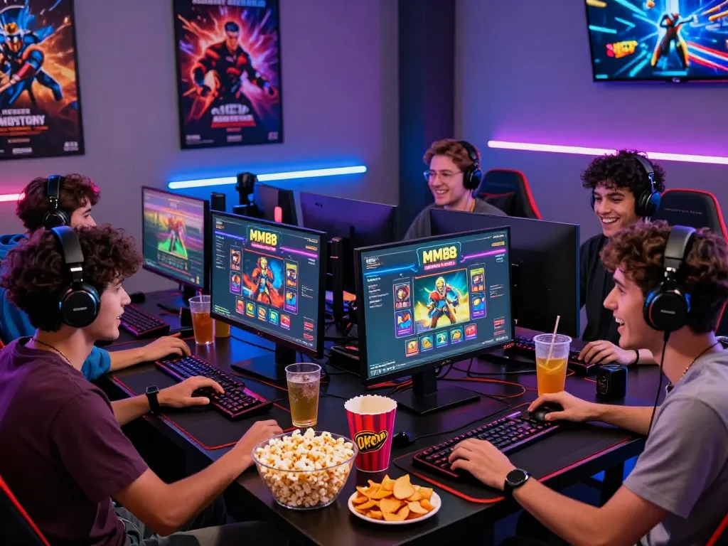 Friends enjoying MM88 online casino gaming together with snacks and vibrant lighting.
