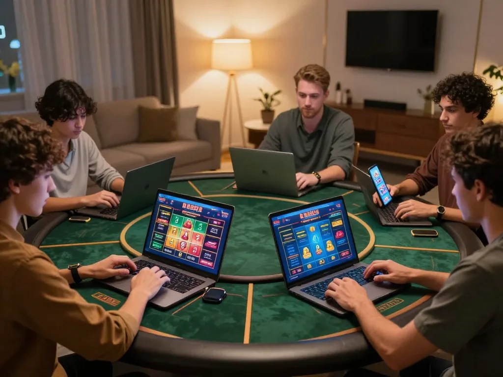 Players enjoying online gambling on O8 platform from comfortable home setting, showcasing engaging betting experiences.