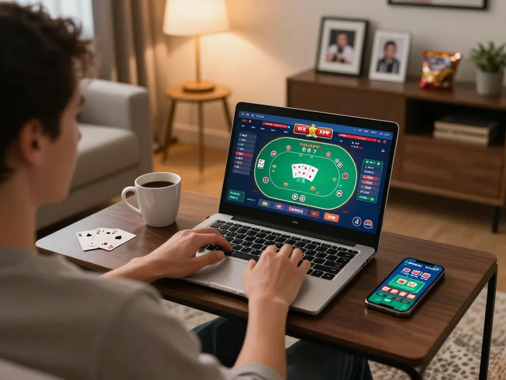 Player engaging with 88aa poker game on laptop in cozy home setting, showcasing strategic gaming.