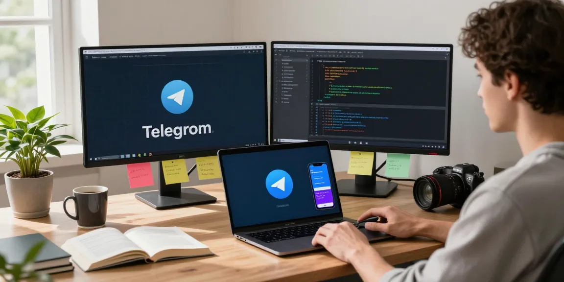 Experience seamless communication with Telegram Download on a modern workspace featuring dual monitors and a laptop.