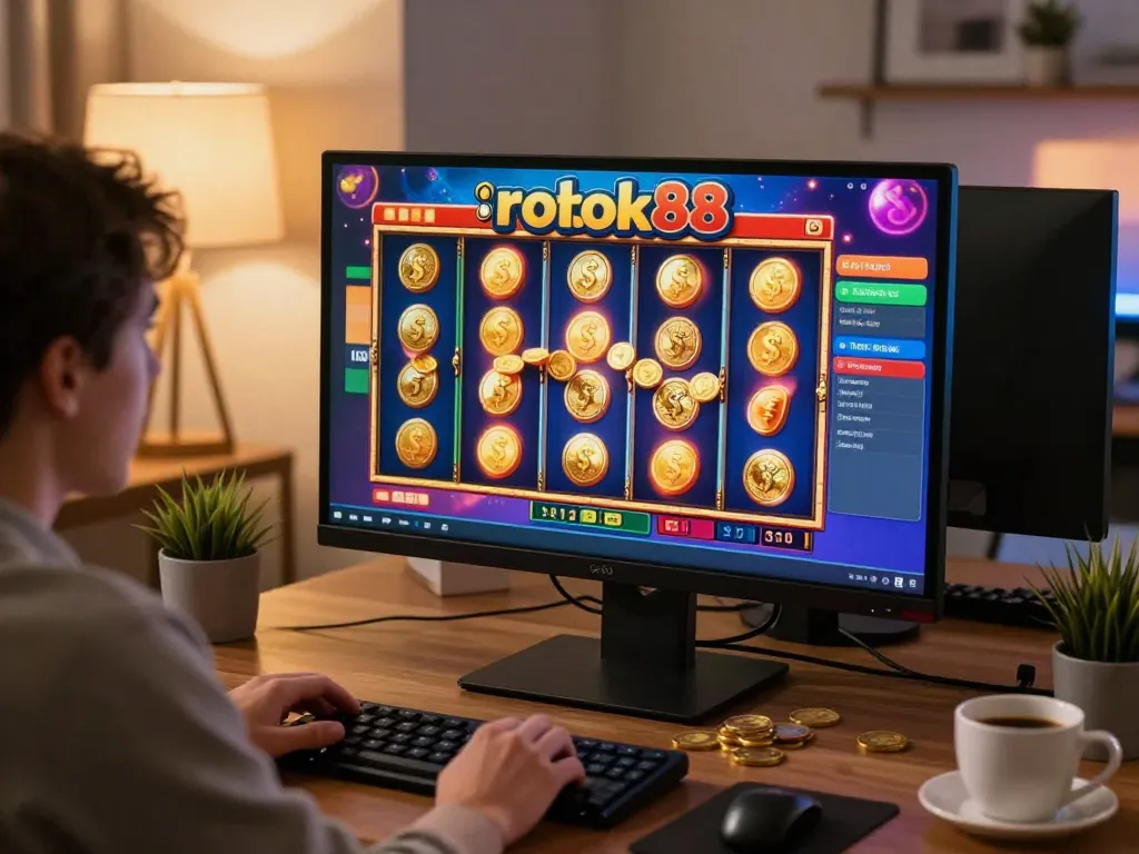 Terlibat dalam permainan slot rokok88 yang menarik di komputer dalam suasana kantor yang nyaman