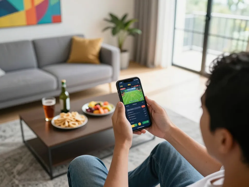 Engaging mobile sports betting experience through bk8 app in a cozy home environment.