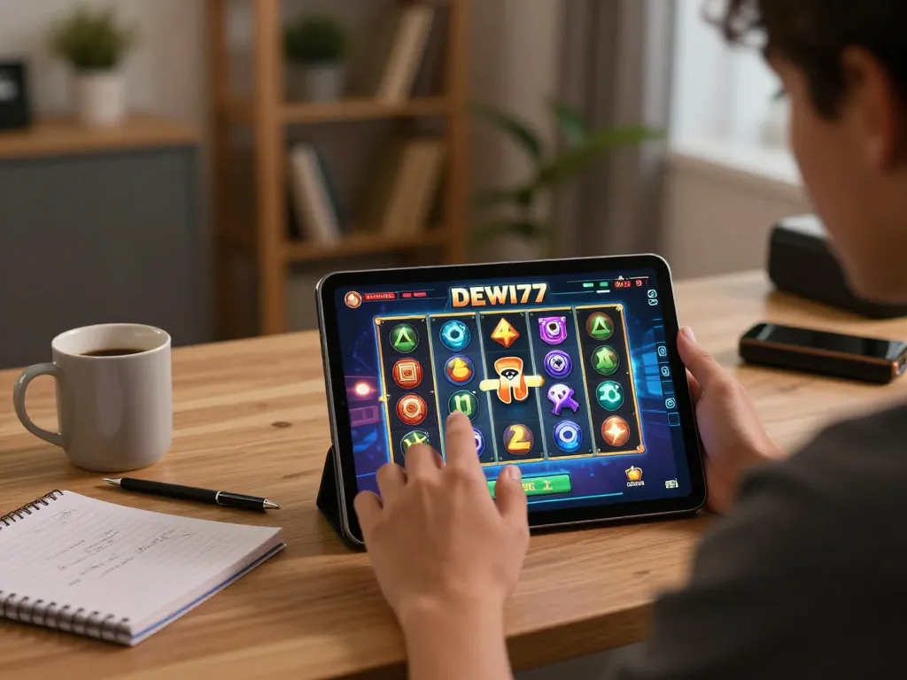 Pemain Dewi77 menikmati slot online di tablet di rumah, menunjukkan suasana permainan yang bertanggung jawab.
