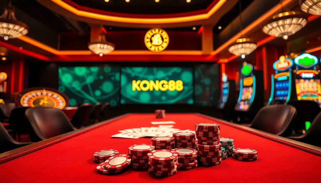 KONG88 poker chips on a luxurious table at a vibrant casino, showcasing high-stakes excitement.