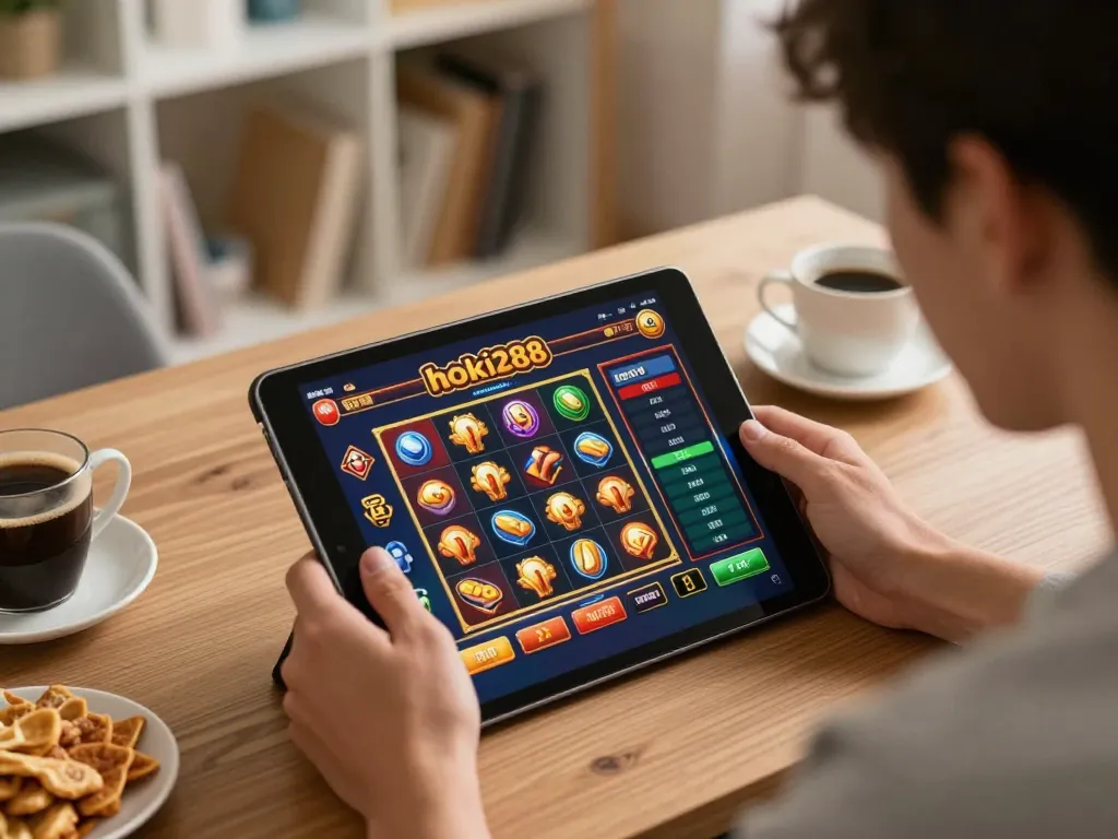 Pemain terlibat dengan permainan slot hoki288 di tablet dalam pengaturan kantor rumah yang nyaman.