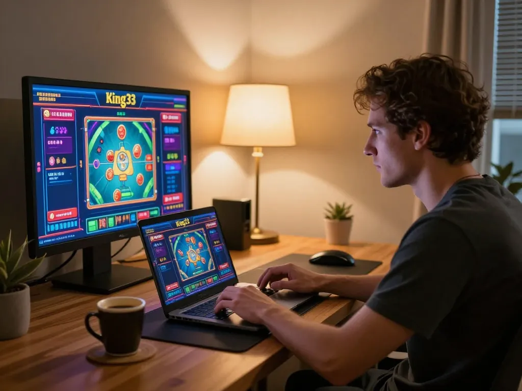 Engaged player exploring king33 online gambling interface in cozy home setup