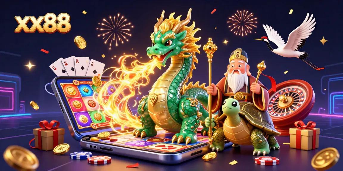 Experience the vibrant world of xx88 with a dramatic 3D dragon and gaming elements.