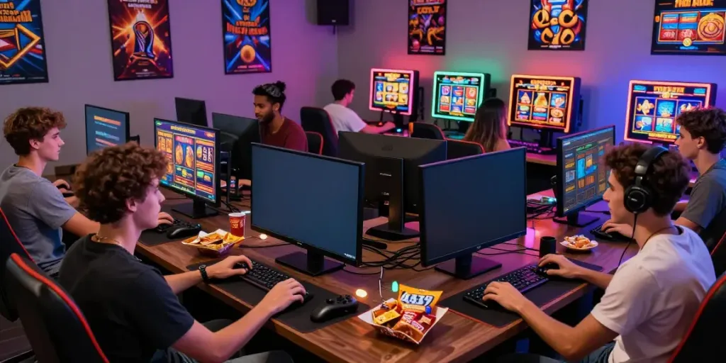 Pengalaman judi slot pragmatic gacor online dengan teman-teman di ruangan bermain modern yang cerah.