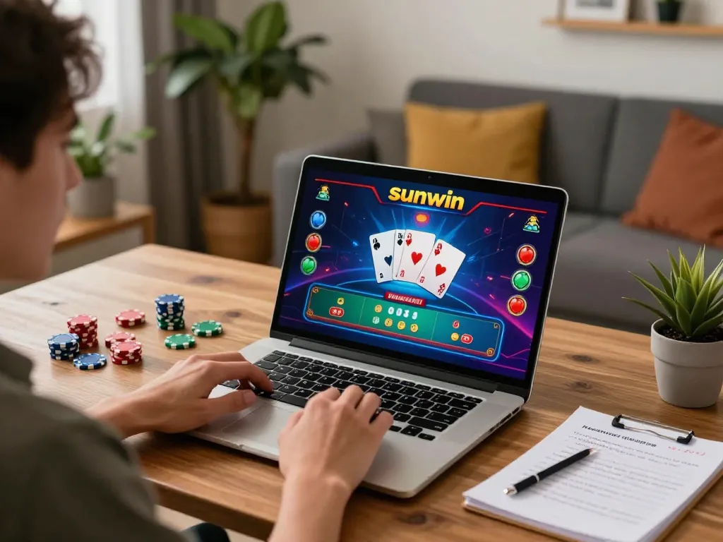 Engaging in Sunwin online gaming with strategic betting setups in a stylish home office.