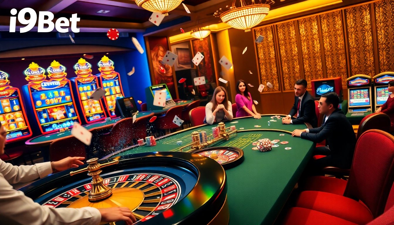 Experience the thrill of i9bet gaming at luxurious casino tables with colorful chips and cards.