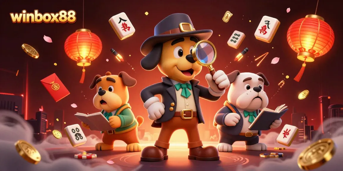 Winbox88 scene showcasing a detective dog solving poker mysteries amidst vibrant casino elements.
