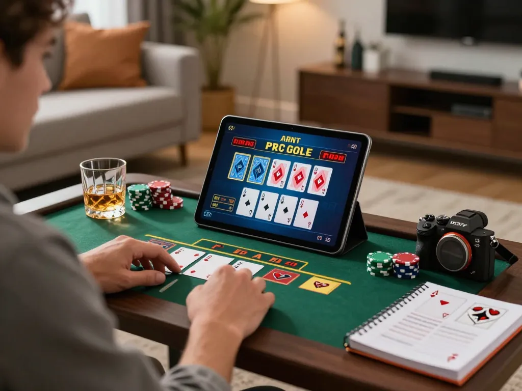 Player enjoying high-stakes blackjack on MM99 COM tablet with cozy home ambiance.