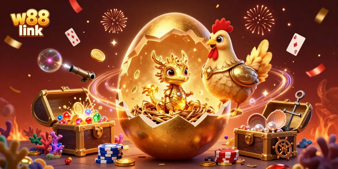 Experience thrilling betting action with the vibrant w88 link illustration showcasing a golden egg and baby dragon among casino elements.