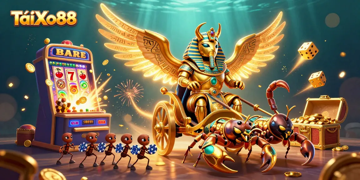 TảiXo88 brings thrilling casino vibes with a golden scarab beetle and dynamic game elements.