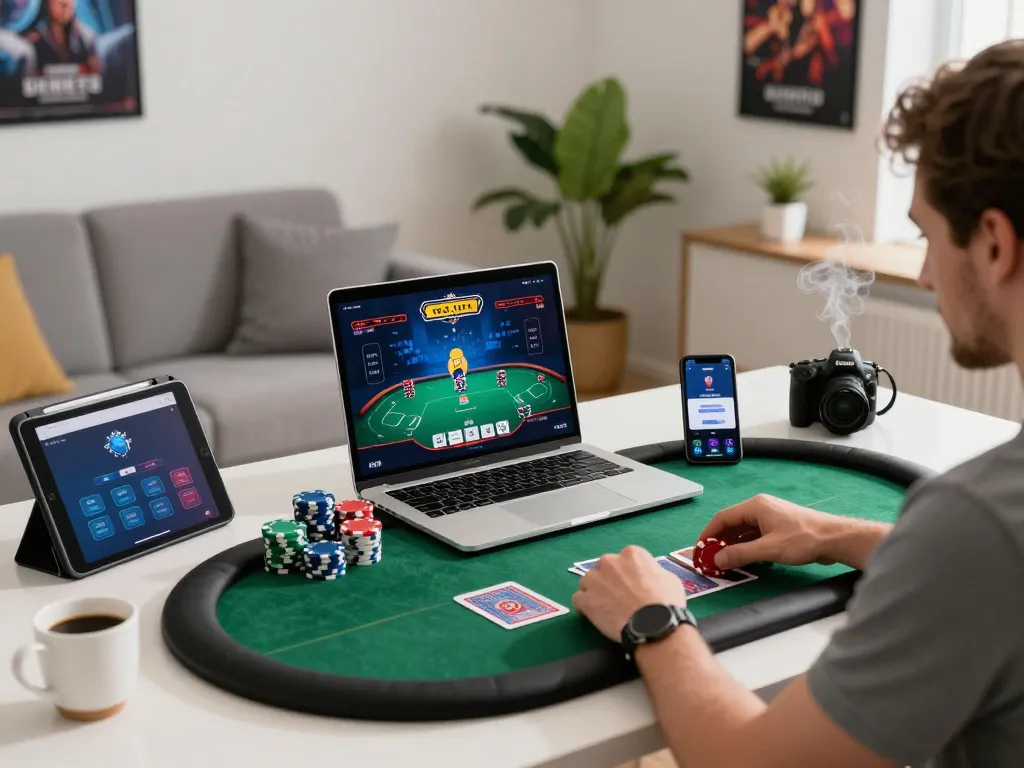 Engaging poker gaming scene showcasing digitalgamesprices.com/xboxone.html with accessories and cozy home office atmosphere