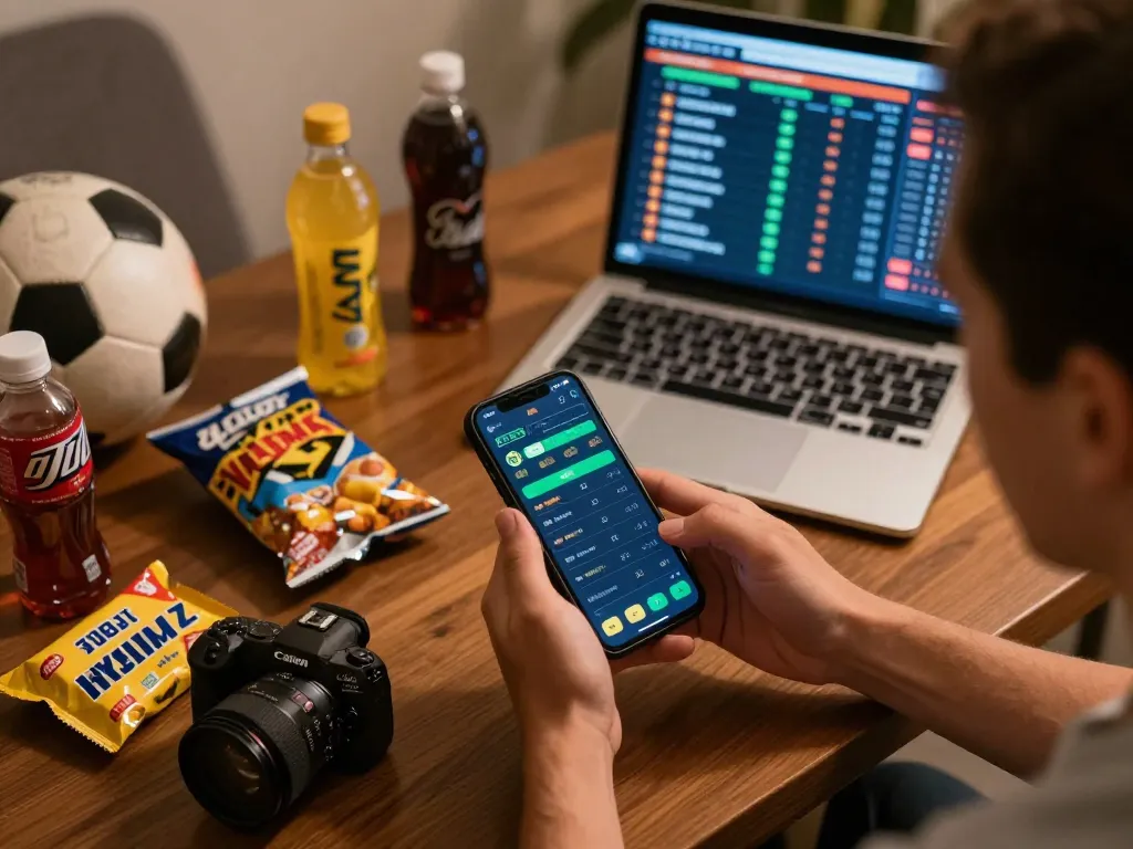 Rikvip user placing mobile sports bets while surrounded by sports memorabilia and snacks.