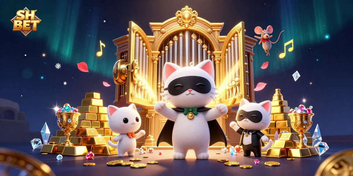 Experience thrilling wins at SH BET with an enchanting casino scene featuring a masked cat and dazzling treasures.