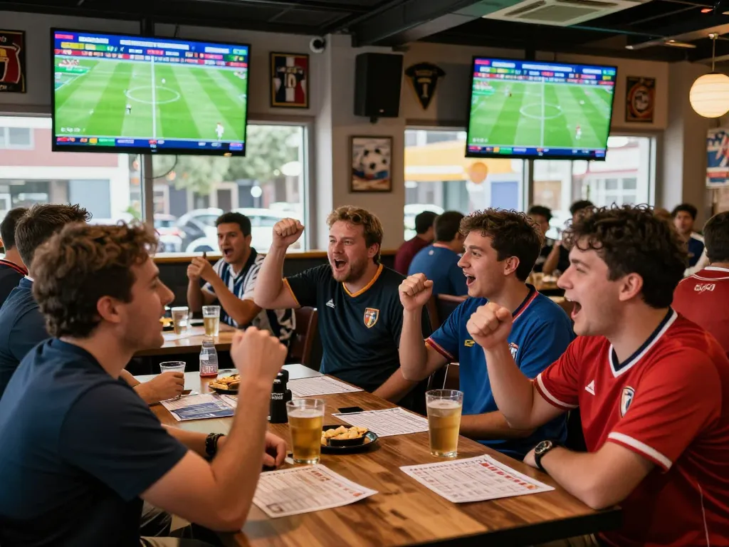 Exciting scene at a sports bar during a match with Kèo nhà cái TV odds displayed, capturing fans' enthusiasm.