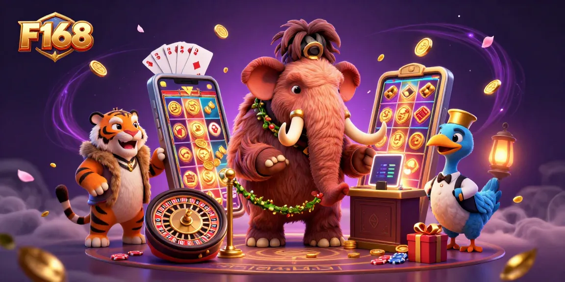 F168 casino scene with a mammoth bouncer, saber-tooth guest, and dodo doorman celebrating gaming excitement.
