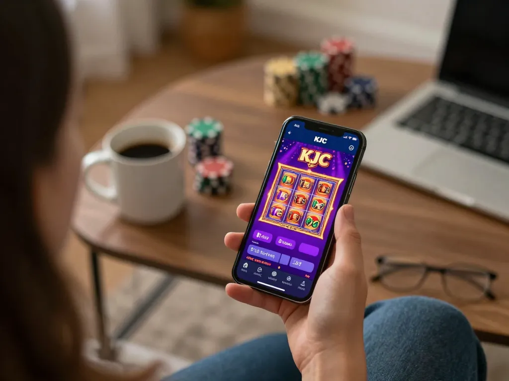 Player engaging with KJC mobile casino app in a cozy home environment.