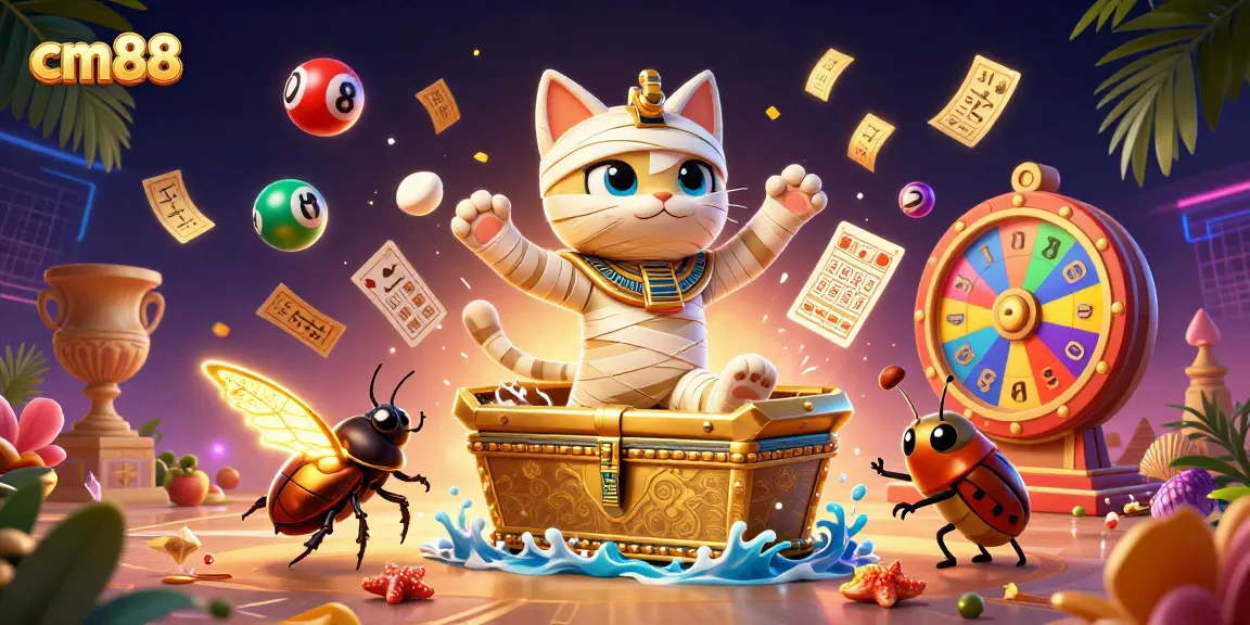Experience thrilling gameplay at cm88 while the mummy cat emerges in a vibrant casino scene.