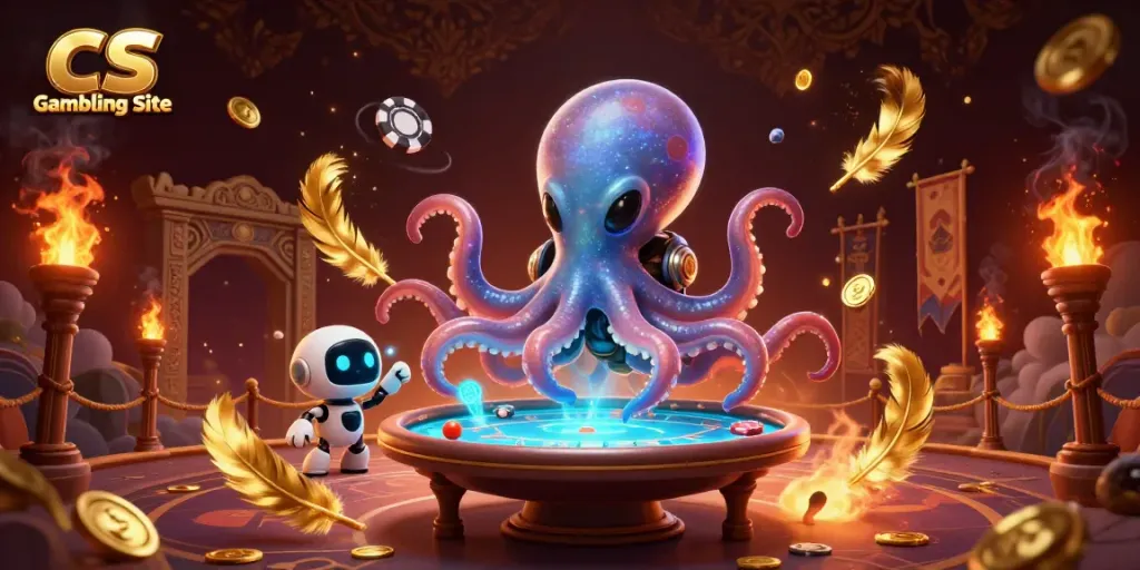 CS Gambling Site showcasing an alien octopus at a holographic poker table with dynamic casino elements.