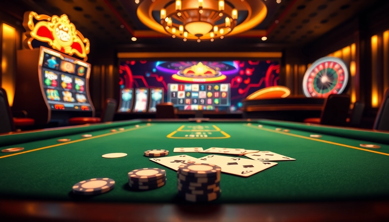 Experience thrilling gaming dynamics at Nhà Cái RR88 with luxurious casino tables and vibrant slot machines.