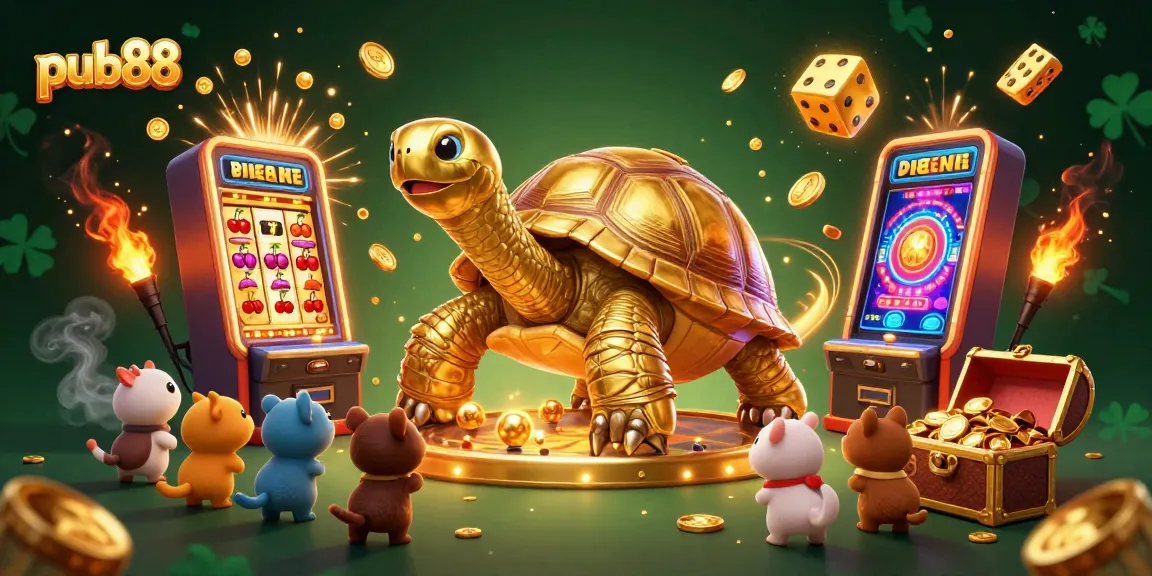 Experience thrilling gameplay at pub88 with vibrant casino elements and exciting golden tortoise character.