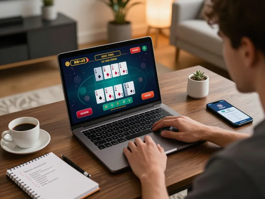 KONG88 online player engaging with a live dealer blackjack game on a laptop in a cozy home environment, showcasing strategic gameplay.
