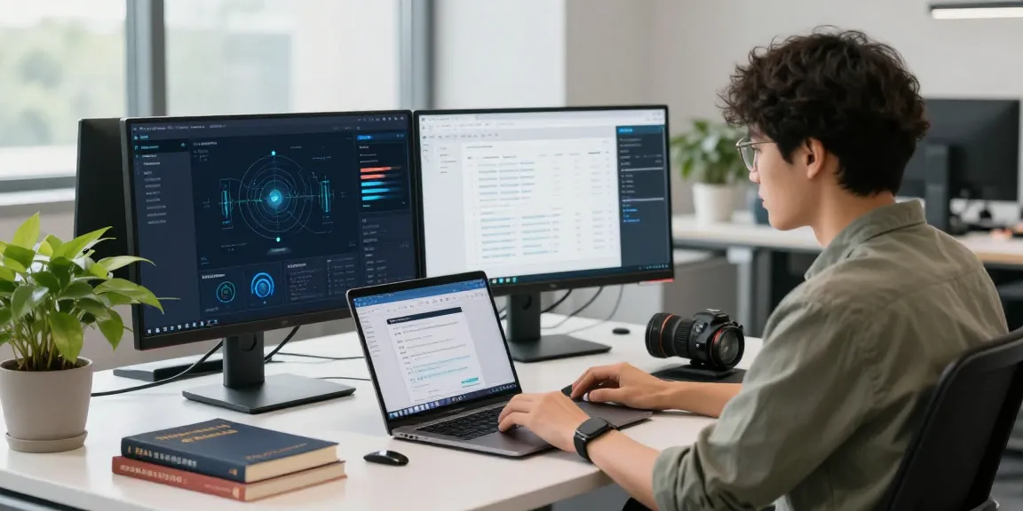 快连 network optimization dashboard displayed on dual monitors in a modern tech office workspace.