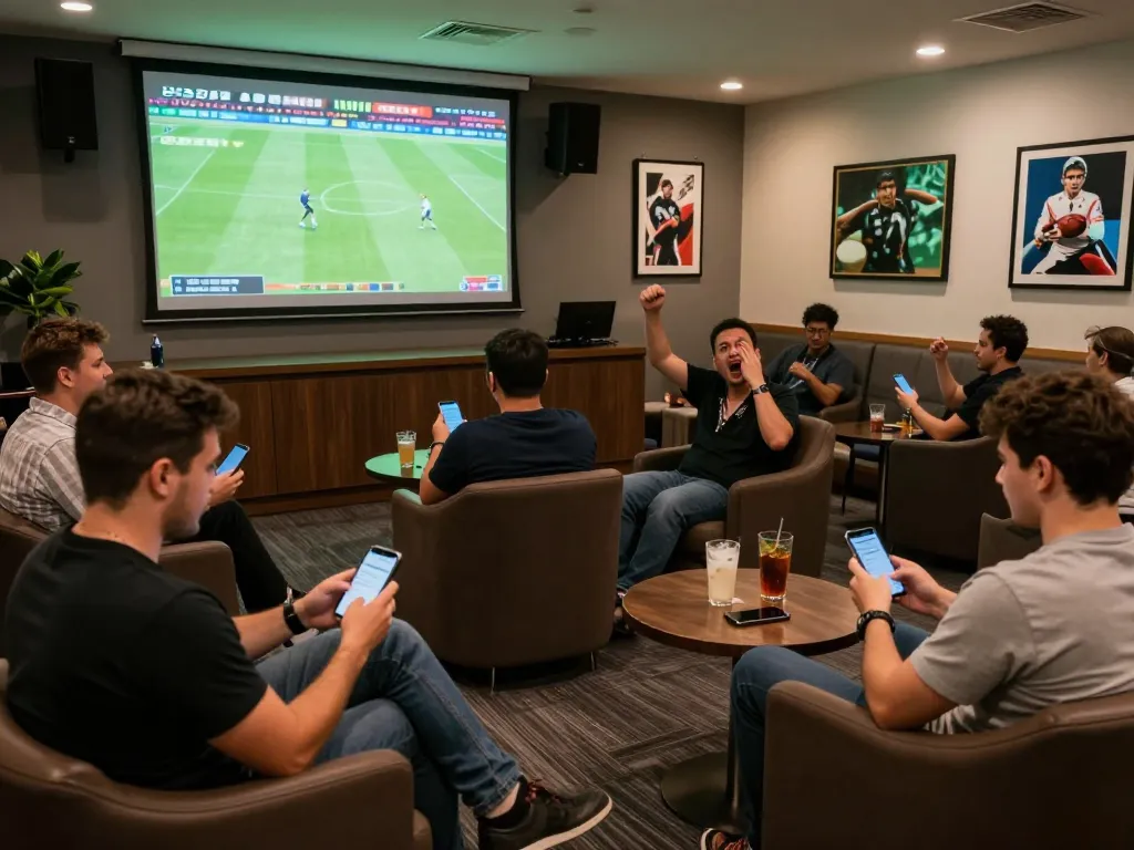 Engaged bettors at the 68win sportsbook cheering on live football with mobile betting apps.