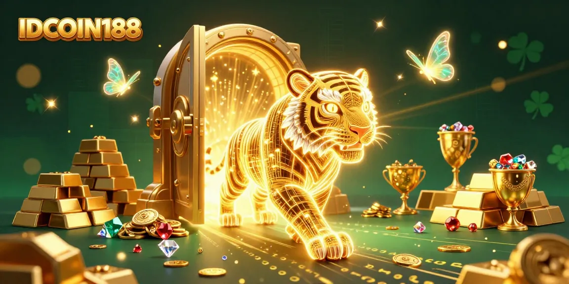 Engage in the vibrant world of IDCOIN188 with a golden tiger in a digital casino, surrounded by treasures and holographic butterflies.