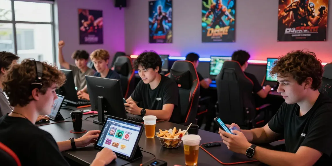 Raja Game login scene with players engaged in mobile gaming in a vibrant setting.
