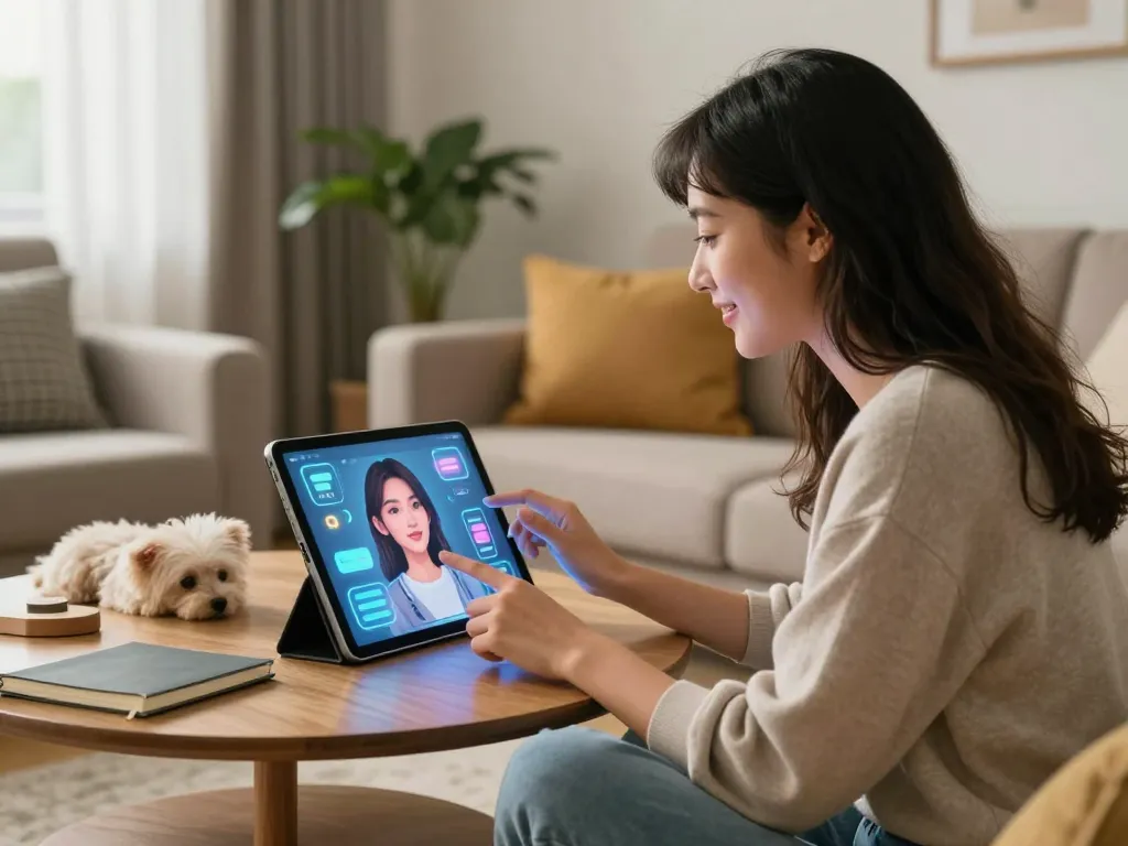 Engaging with an AI gf in a cozy living room, showcasing modern technology and companionship.