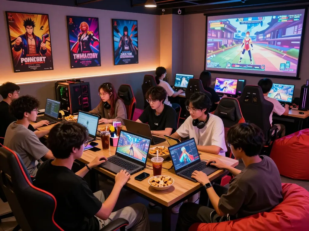 Friends enjoying porngames in a vibrant gaming lounge with interactive devices.