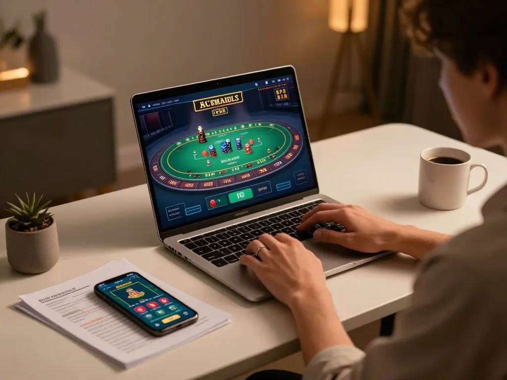 F8BET user engaging in live casino game with stylish home setup, laptop active and strategies noted